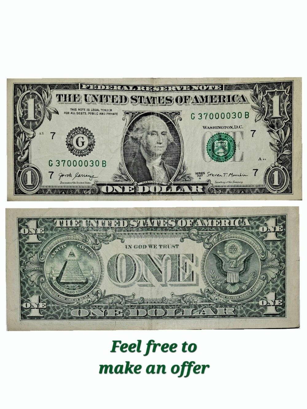 2017 $1 DOLLAR BILL - FANCY SERIAL NUMBER